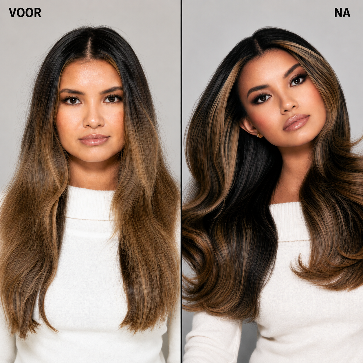 Voor en na: een transformatie naar glad, volumineus haar.